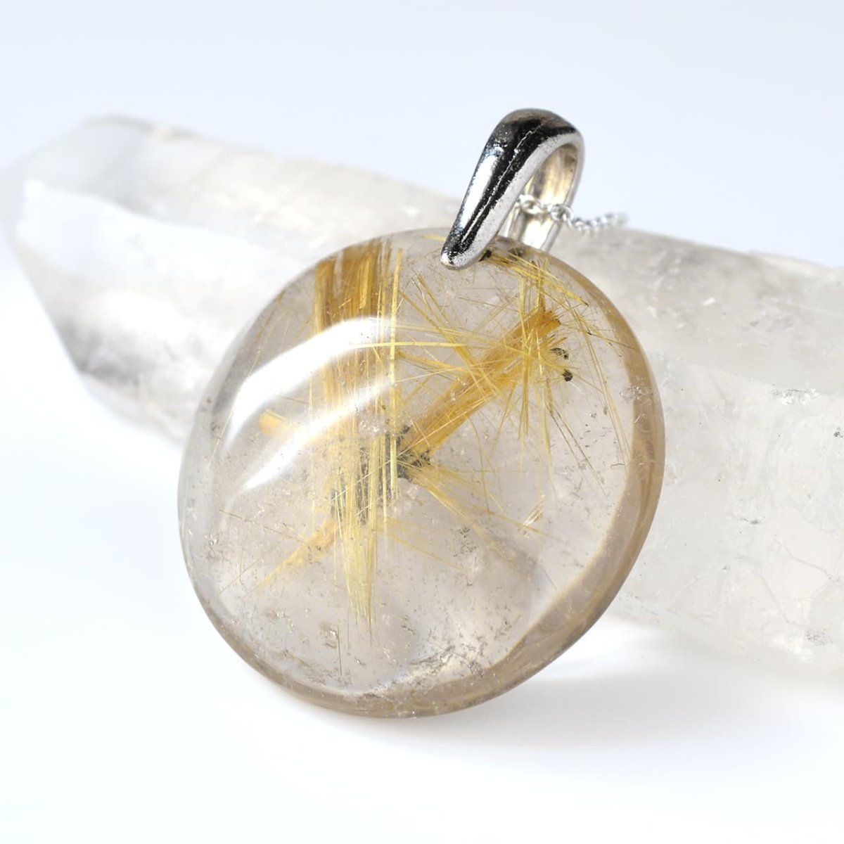 画像2: 太陽放射ゴールドタイチンルチルクォーツ - 約11g、シルバー925あずきチェーン45cm【ケース付】 (2)