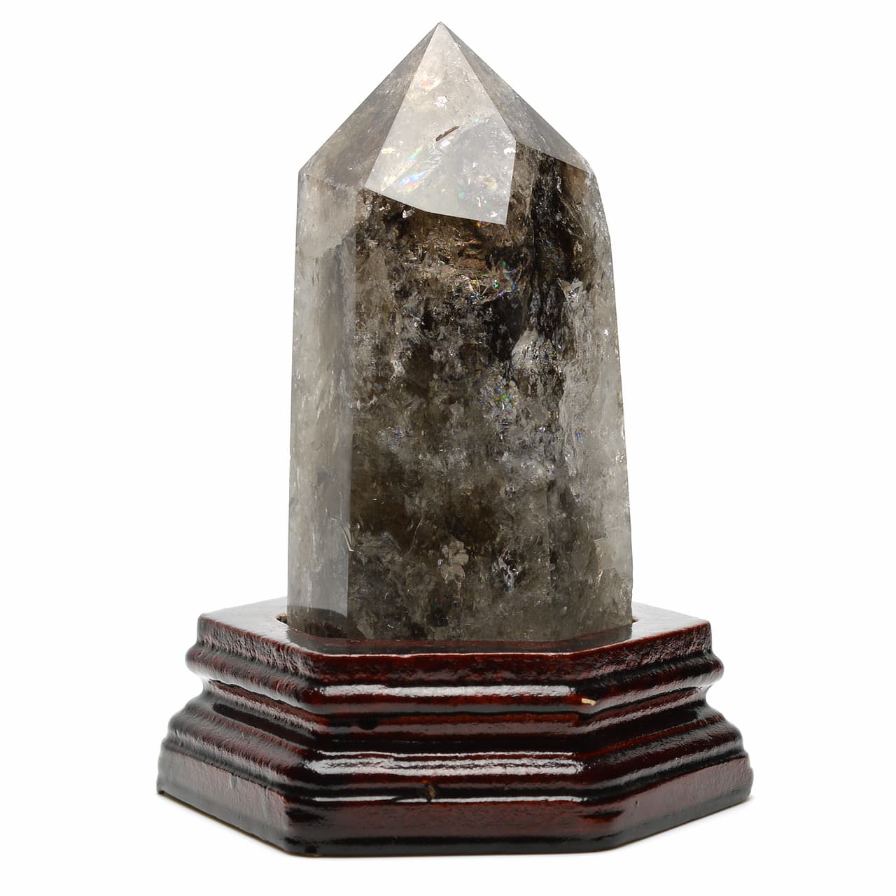 オープンセール 福袋 虹入りスモーキークォーツ(茶水晶)ポイント六角柱 約14.5cm - 置物